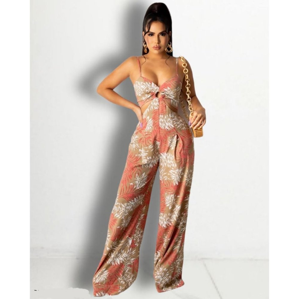 THE SANG JUMPSUIT Maxi Halter Sexy Lounge One Pc. SIZE L Peach/Beige Print NEW
